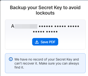 1Password Secret Key backup screen showing encrypted key that must be saved as PDF for account recovery