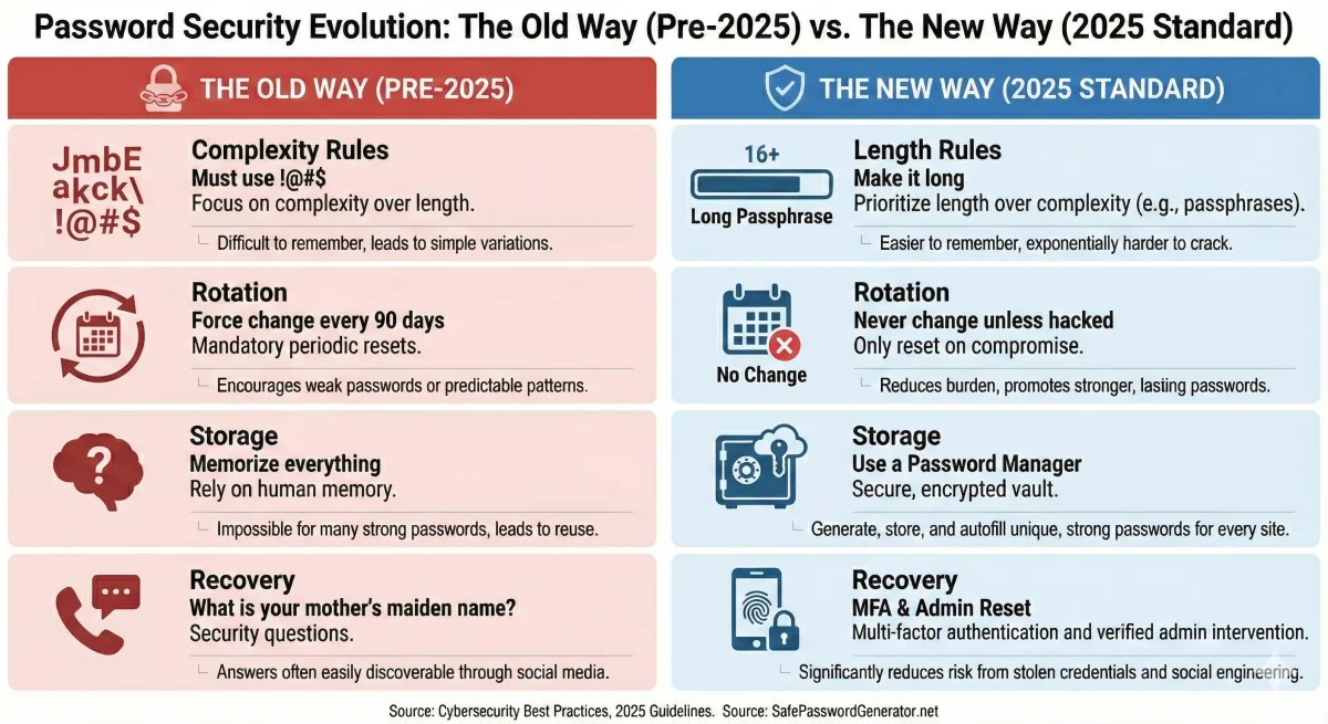 Comparison table showing old password rules versus new 2026 NIST standards for length and rotation