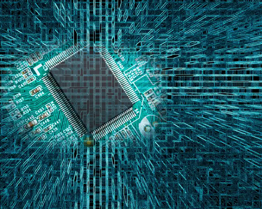 Abstract chip circuit board technology background representing quantum computing and encryption