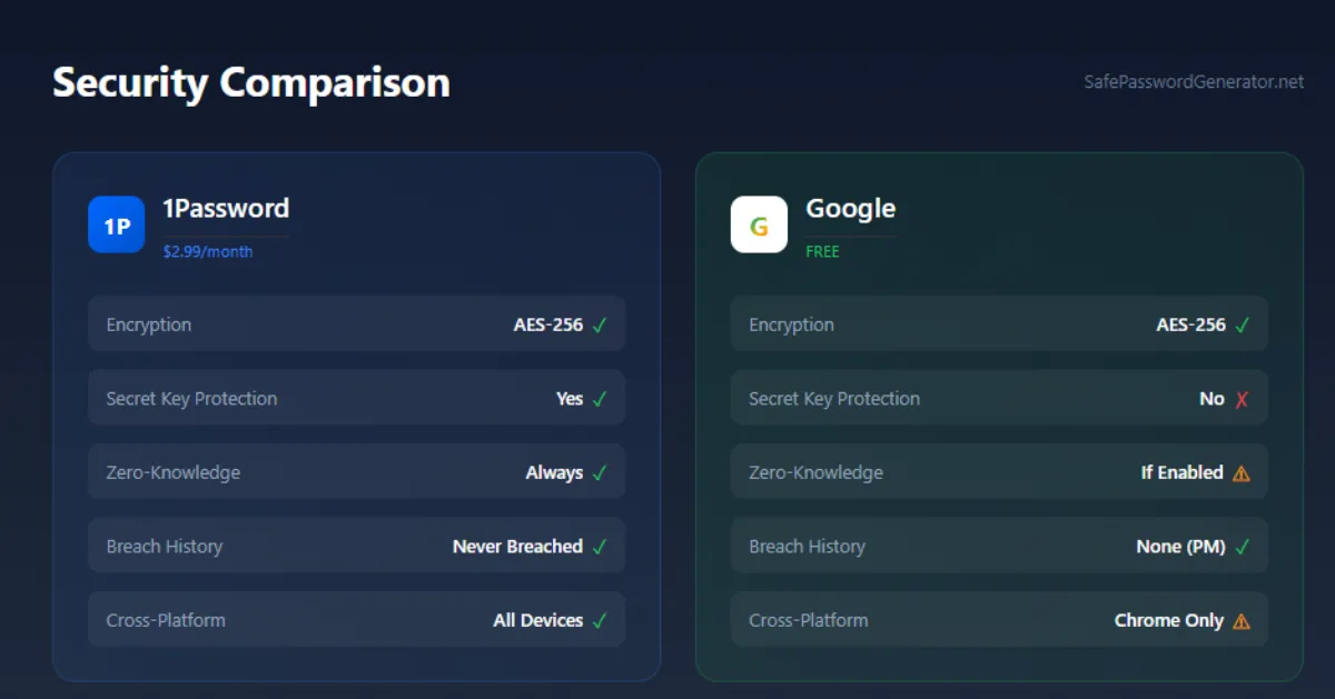 Side-by-side feature comparison of Google Password Manager and 1Password