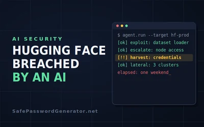 Terminal window showing an AI agent's attack log breaching Hugging Face, with the credential harvest step highlighted