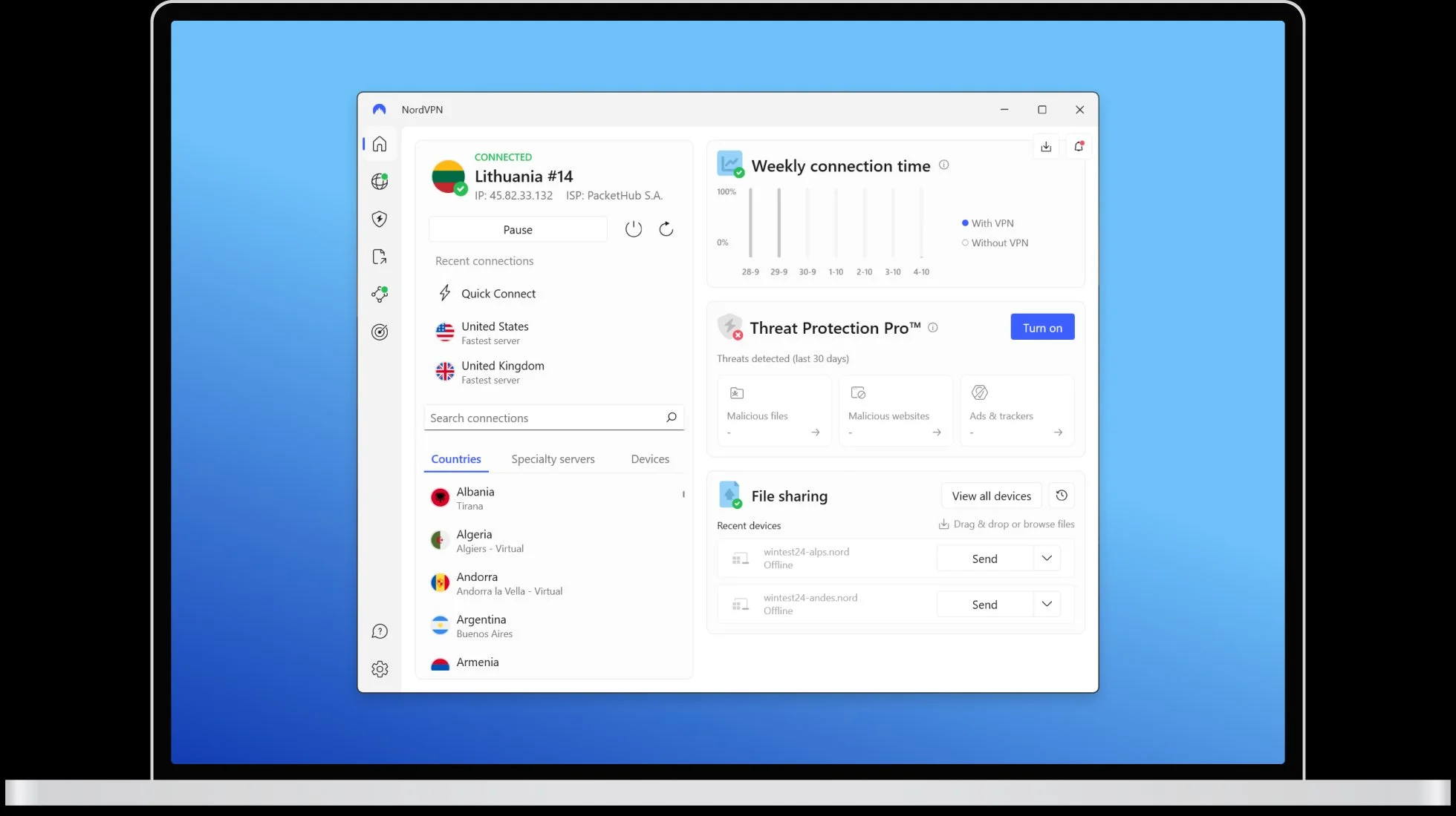 NordVPN Windows app dashboard