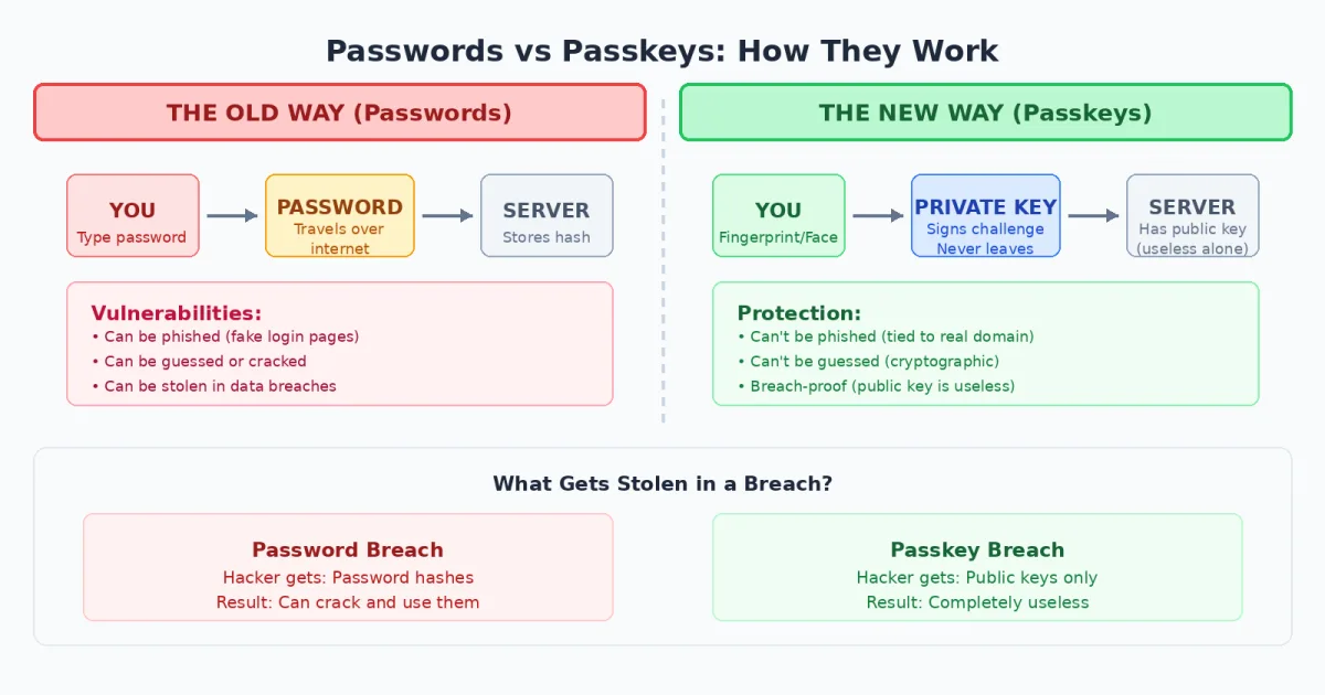 Comparison diagram showing passwords vs passkeys: passwords travel over the internet and can be stolen in breaches, while passkey private keys never leave your device making them phishing-resistant and breach-proof