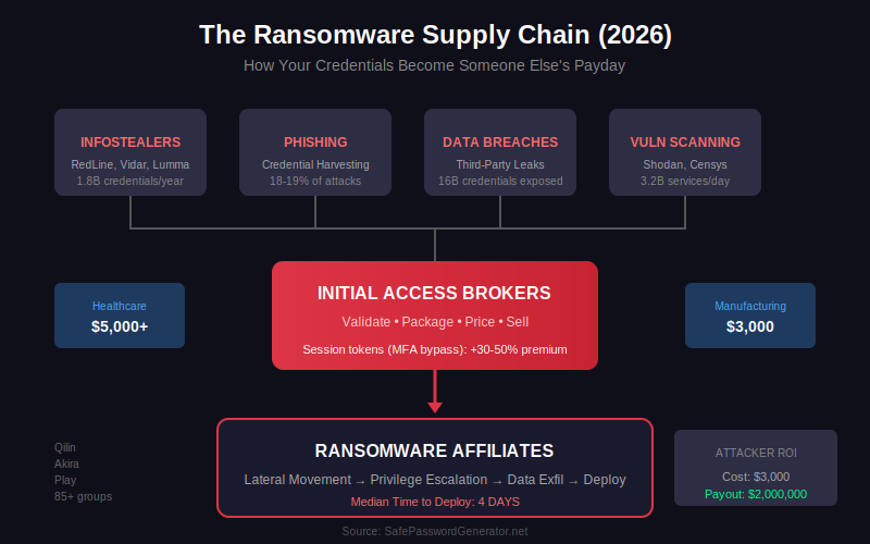 Ransomware supply chain diagram showing infostealers, Initial Access Brokers, and ransomware affiliates with pricing by industry